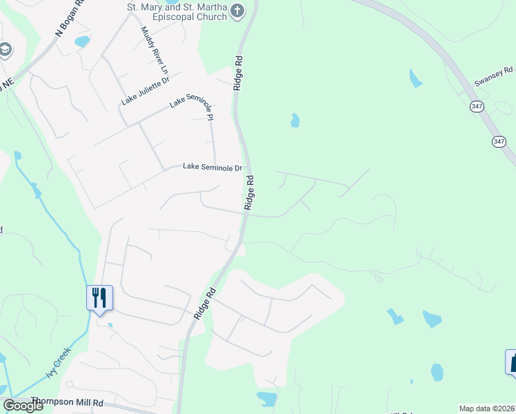 map of restaurants, bars, coffee shops, grocery stores, and more near 4045 Ridge Road in Buford