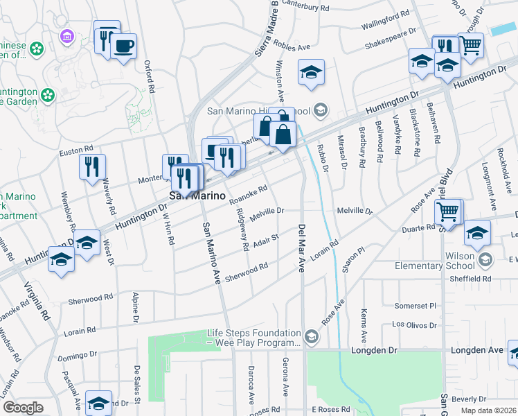 map of restaurants, bars, coffee shops, grocery stores, and more near 2355 Melville Drive in San Marino