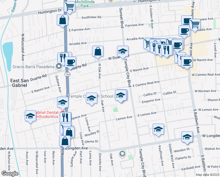 map of restaurants, bars, coffee shops, grocery stores, and more near 6705 Brentmead Avenue in Arcadia