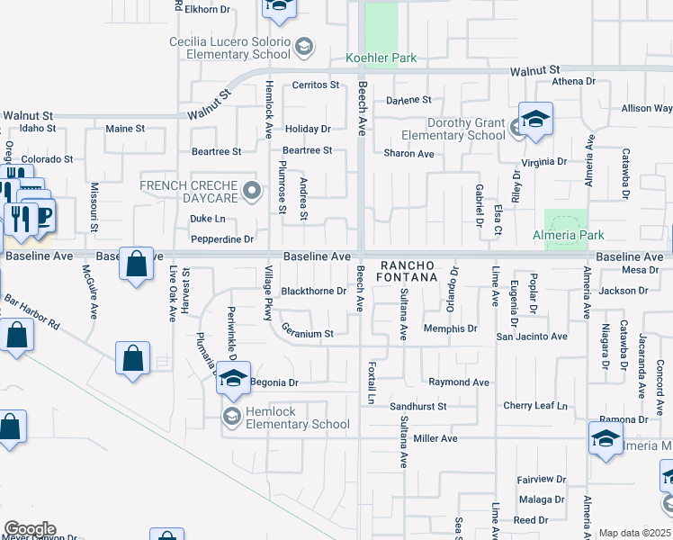 map of restaurants, bars, coffee shops, grocery stores, and more near 7333 Rosebay Place in Fontana