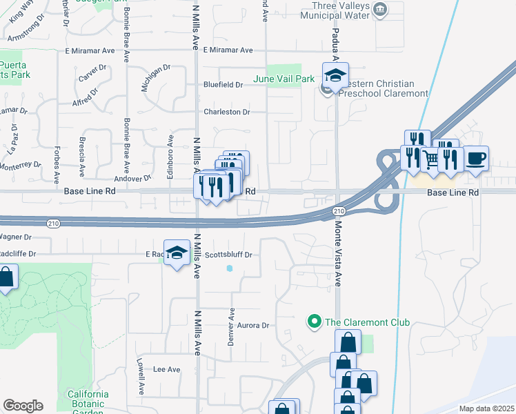map of restaurants, bars, coffee shops, grocery stores, and more near 787 Lander Circle in Claremont