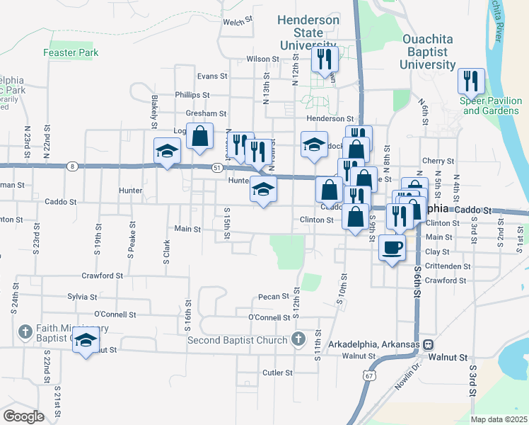 map of restaurants, bars, coffee shops, grocery stores, and more near 1305 Caddo Street in Arkadelphia