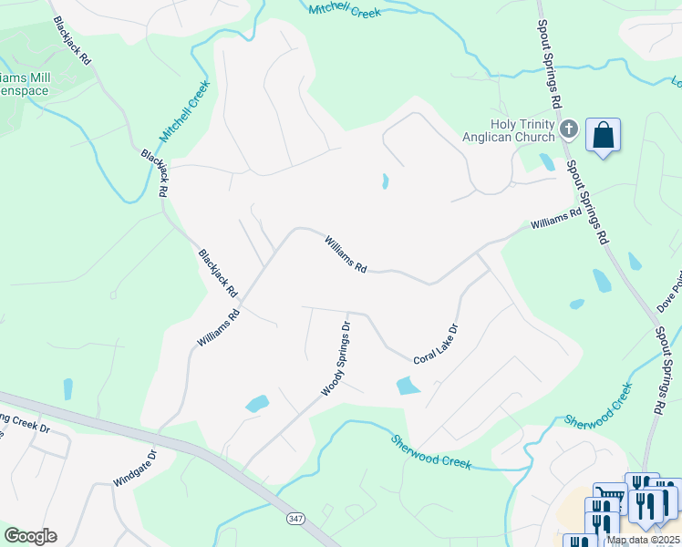 map of restaurants, bars, coffee shops, grocery stores, and more near 7287 Williams Road in Flowery Branch