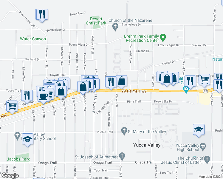 map of restaurants, bars, coffee shops, grocery stores, and more near 56254 Twentynine Palms Highway in Yucca Valley