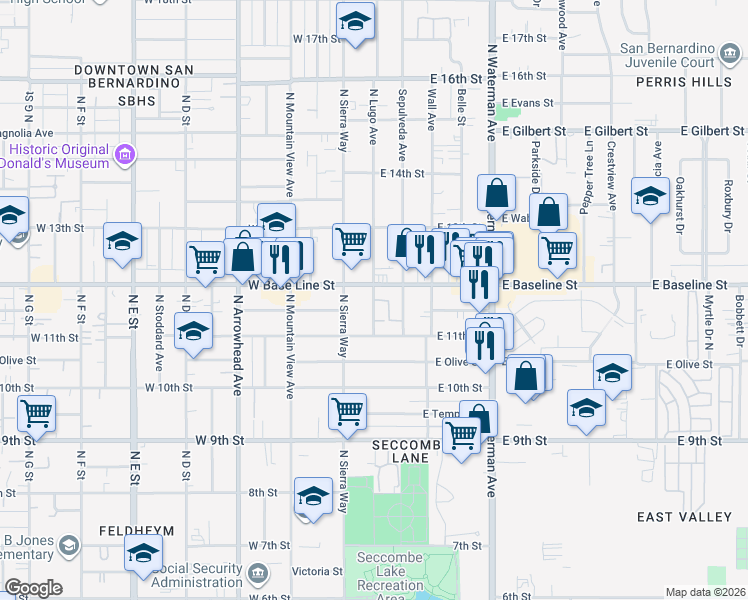 map of restaurants, bars, coffee shops, grocery stores, and more near 1170 North Lugo Avenue in San Bernardino
