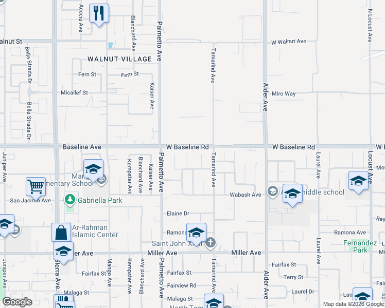 map of restaurants, bars, coffee shops, grocery stores, and more near 7361 Mesa Verde Court in Fontana