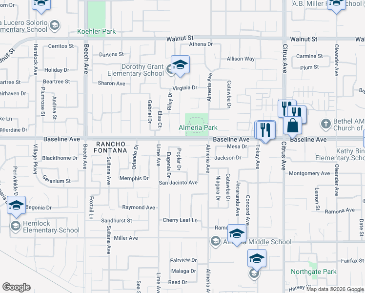 map of restaurants, bars, coffee shops, grocery stores, and more near 15723 Mimosa Court in Fontana