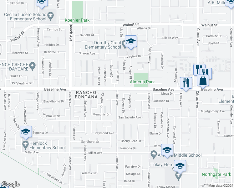 map of restaurants, bars, coffee shops, grocery stores, and more near 7380 Lime Avenue in Fontana