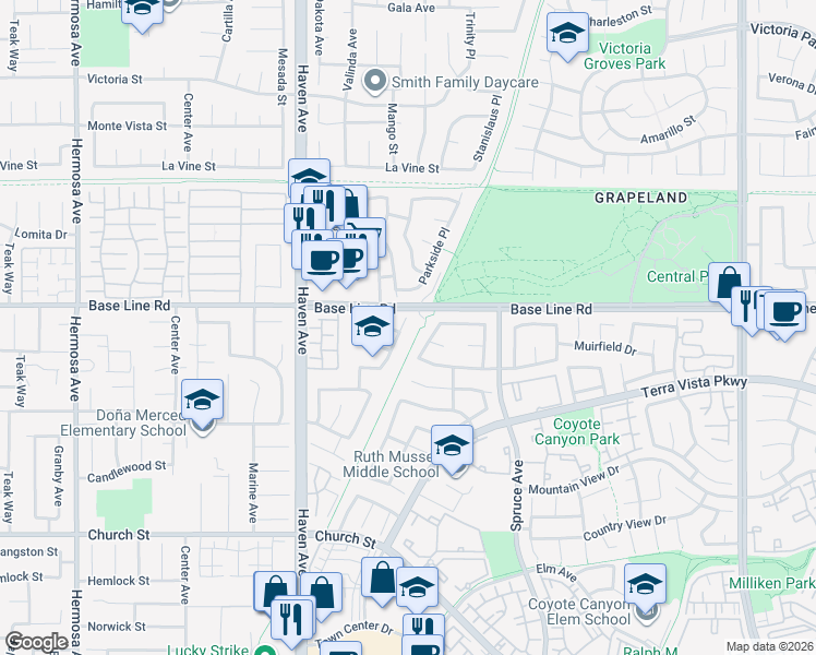map of restaurants, bars, coffee shops, grocery stores, and more near 7331 Ambrosia Road in Rancho Cucamonga