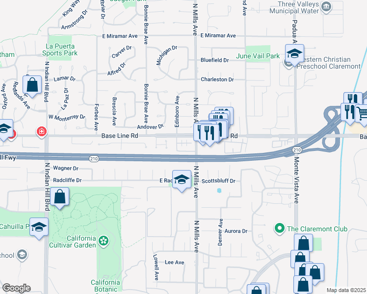 map of restaurants, bars, coffee shops, grocery stores, and more near 417 Warner Street in Claremont