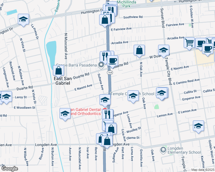 map of restaurants, bars, coffee shops, grocery stores, and more near 6710 Rosemead Boulevard in San Gabriel