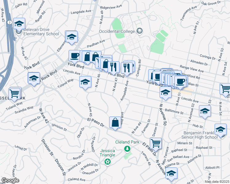 map of restaurants, bars, coffee shops, grocery stores, and more near 1414 North Avenue 47 in Los Angeles