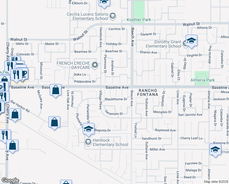 map of restaurants, bars, coffee shops, grocery stores, and more near 7332 Fieldrush Court in Fontana