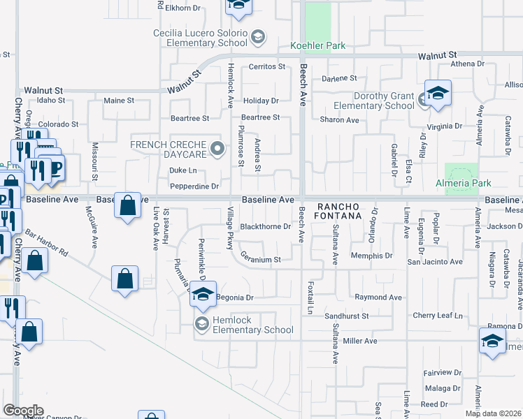 map of restaurants, bars, coffee shops, grocery stores, and more near 7332 Fieldrush Court in Fontana