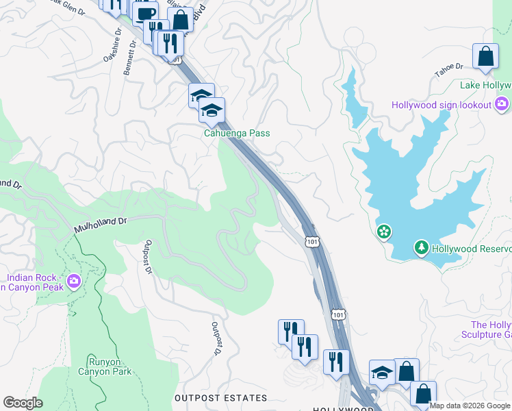 map of restaurants, bars, coffee shops, grocery stores, and more near 6760 Mulholland Drive in Los Angeles