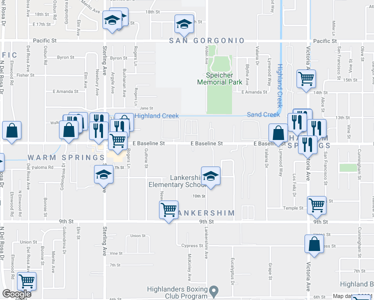 map of restaurants, bars, coffee shops, grocery stores, and more near 26035 East Baseline Street in San Bernardino