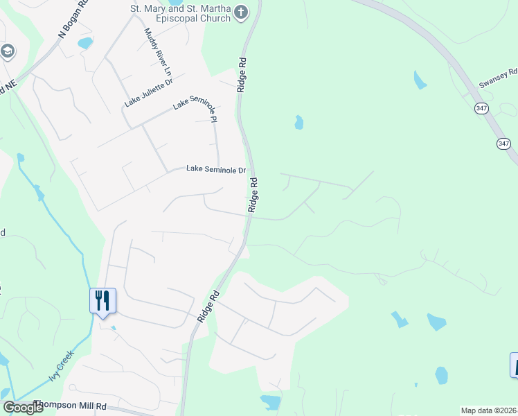 map of restaurants, bars, coffee shops, grocery stores, and more near 4045 Ridge Road in Buford