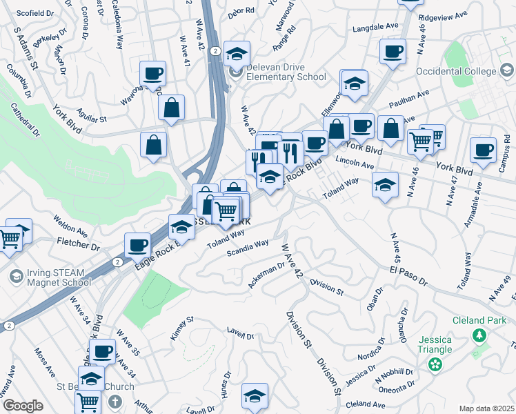 map of restaurants, bars, coffee shops, grocery stores, and more near 4124 Eagle Rock Boulevard in Los Angeles