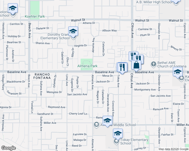 map of restaurants, bars, coffee shops, grocery stores, and more near 15789 Mimosa Court in Fontana