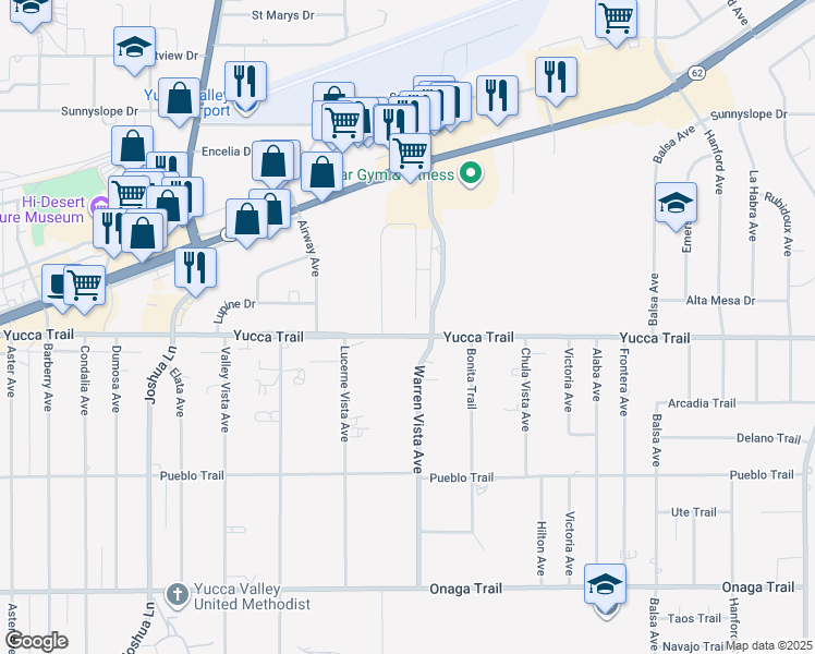 map of restaurants, bars, coffee shops, grocery stores, and more near 7280 Murray Lane in Yucca Valley