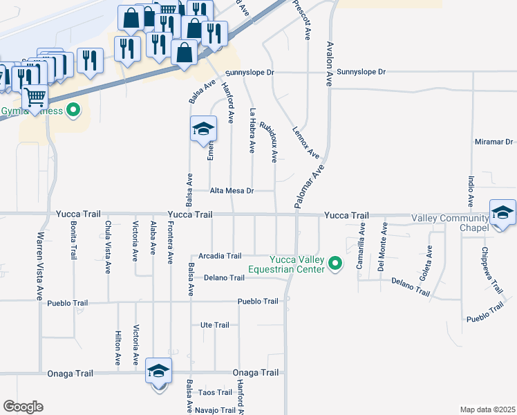 map of restaurants, bars, coffee shops, grocery stores, and more near 58300 Yucca Trail in Yucca Valley