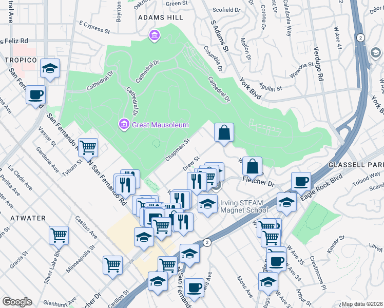 map of restaurants, bars, coffee shops, grocery stores, and more near 3327 1/2 Drew Street in Los Angeles