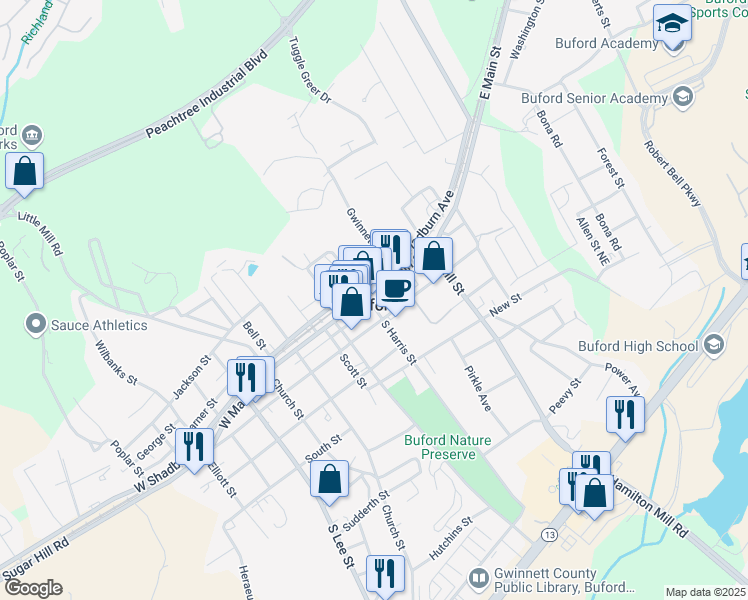 map of restaurants, bars, coffee shops, grocery stores, and more near 101 East Main Street Northeast in Buford