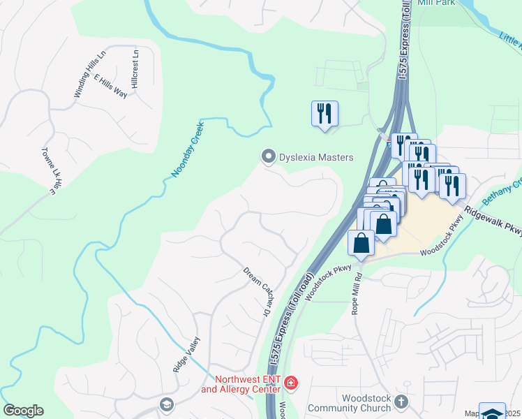 map of restaurants, bars, coffee shops, grocery stores, and more near 4093 Dream Catcher Drive in Woodstock