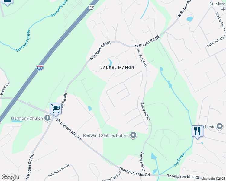 map of restaurants, bars, coffee shops, grocery stores, and more near 3233 Sandy Branch Lane in Buford