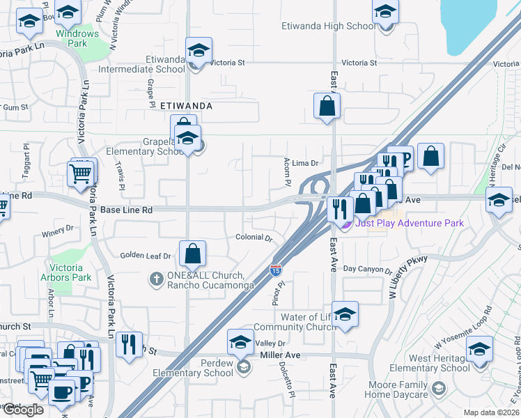 map of restaurants, bars, coffee shops, grocery stores, and more near 12961 Base Line Road in Rancho Cucamonga