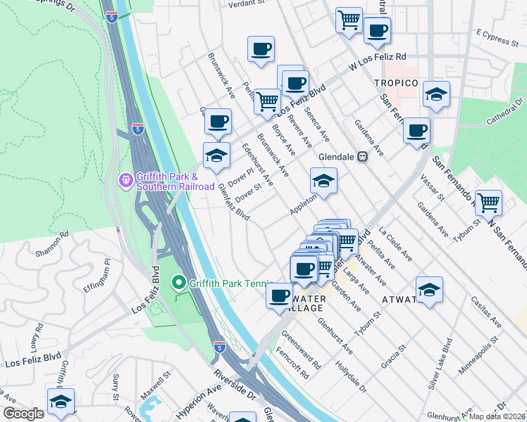 map of restaurants, bars, coffee shops, grocery stores, and more near 3436 Gardenside Lane in Los Angeles