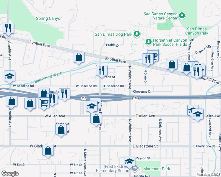 map of restaurants, bars, coffee shops, grocery stores, and more near 110 East Baseline Road in San Dimas