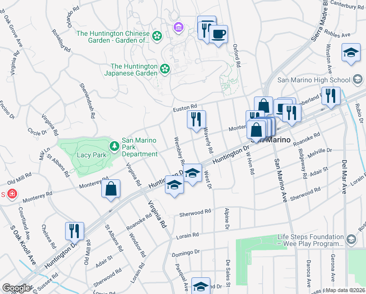 map of restaurants, bars, coffee shops, grocery stores, and more near 1511 Wembley Road in San Marino