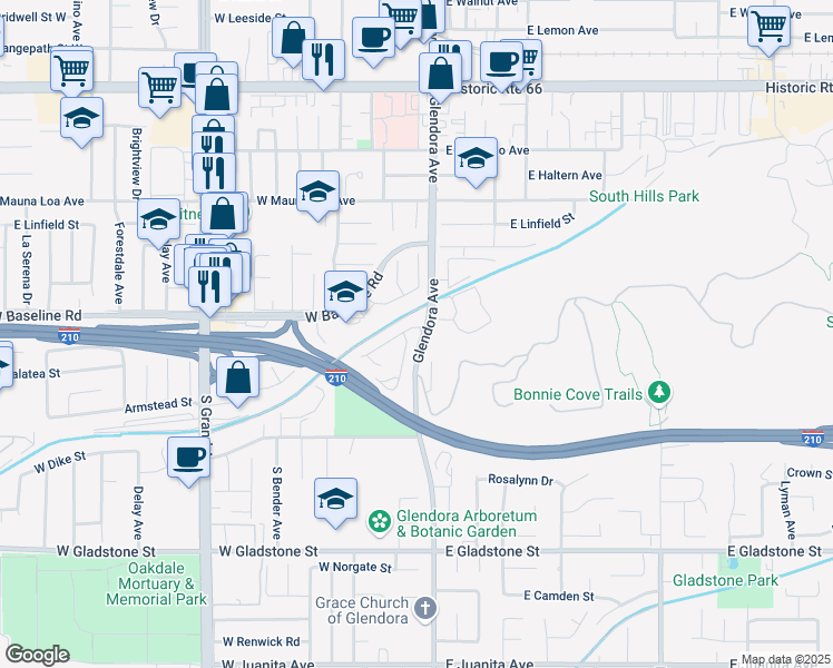 map of restaurants, bars, coffee shops, grocery stores, and more near 104 Ronwood Street in Glendora