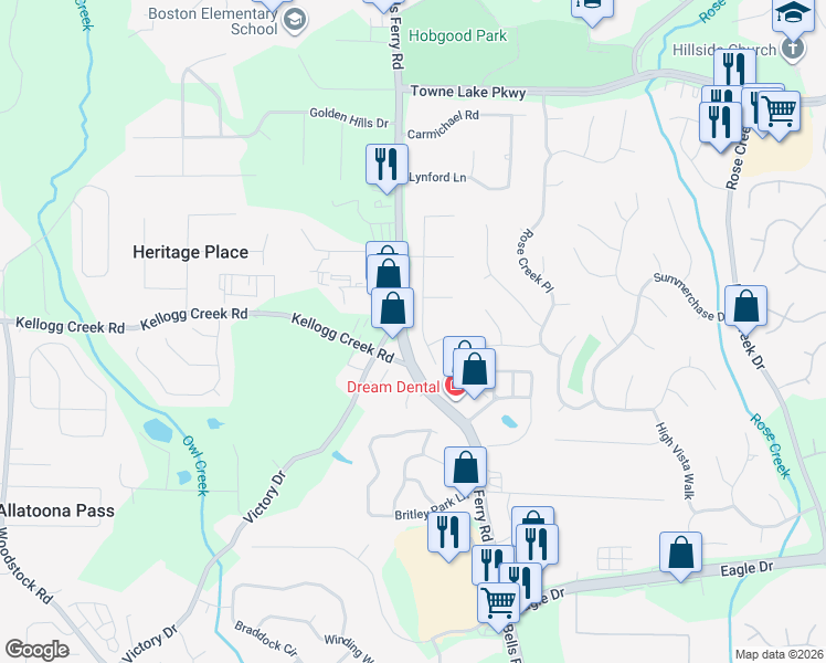 map of restaurants, bars, coffee shops, grocery stores, and more near 138 Southfork Drive in Woodstock