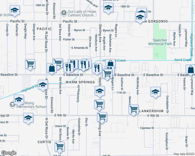 map of restaurants, bars, coffee shops, grocery stores, and more near 25699 East Baseline Street in San Bernardino