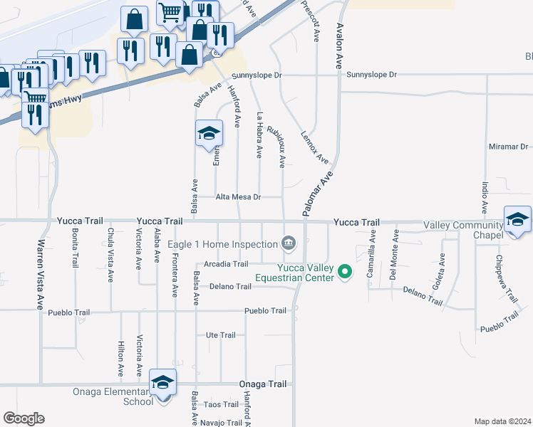 map of restaurants, bars, coffee shops, grocery stores, and more near 58300 Yucca Trail in Yucca Valley