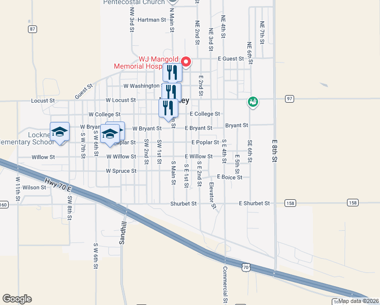 map of restaurants, bars, coffee shops, grocery stores, and more near 201 West Willow Street in Lockney