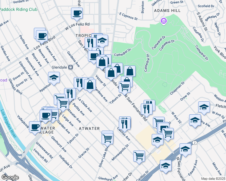 map of restaurants, bars, coffee shops, grocery stores, and more near 1815 Tyburn Street in Glendale
