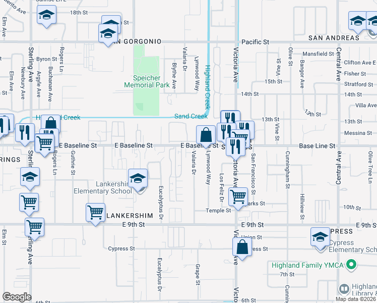 map of restaurants, bars, coffee shops, grocery stores, and more near 7308 Valaria Drive in Highland