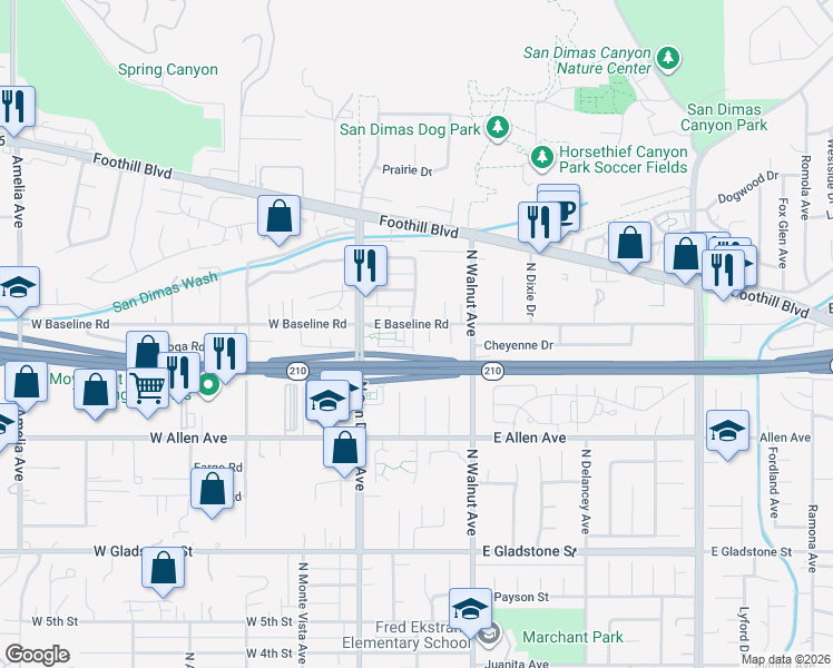 map of restaurants, bars, coffee shops, grocery stores, and more near 150 East Baseline Road in San Dimas