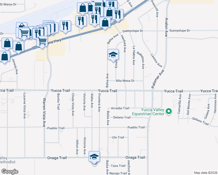 map of restaurants, bars, coffee shops, grocery stores, and more near 7279 Balsa Avenue in Yucca Valley