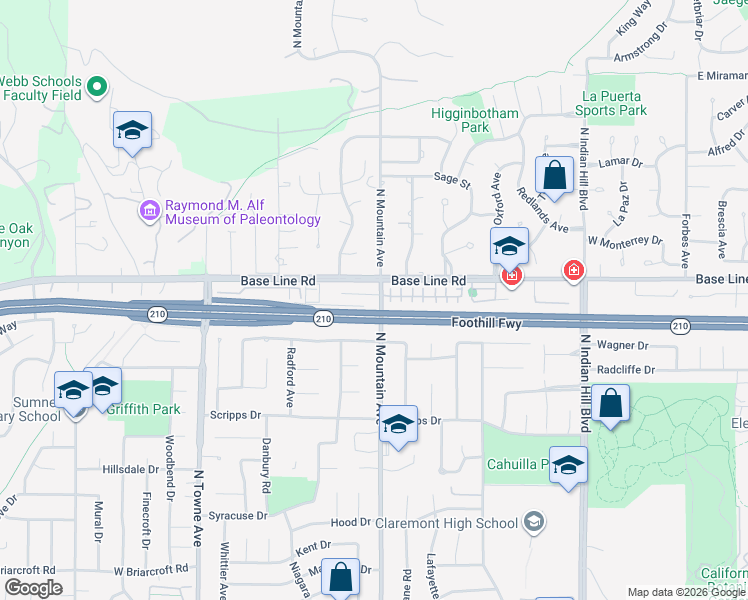 map of restaurants, bars, coffee shops, grocery stores, and more near 800 Huron Drive in Claremont