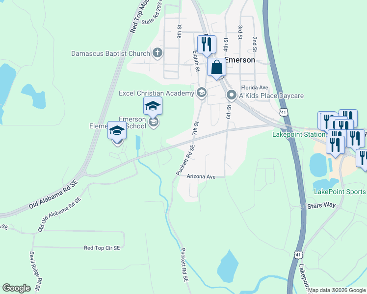 map of restaurants, bars, coffee shops, grocery stores, and more near 32 Puckett Road Southeast in Emerson