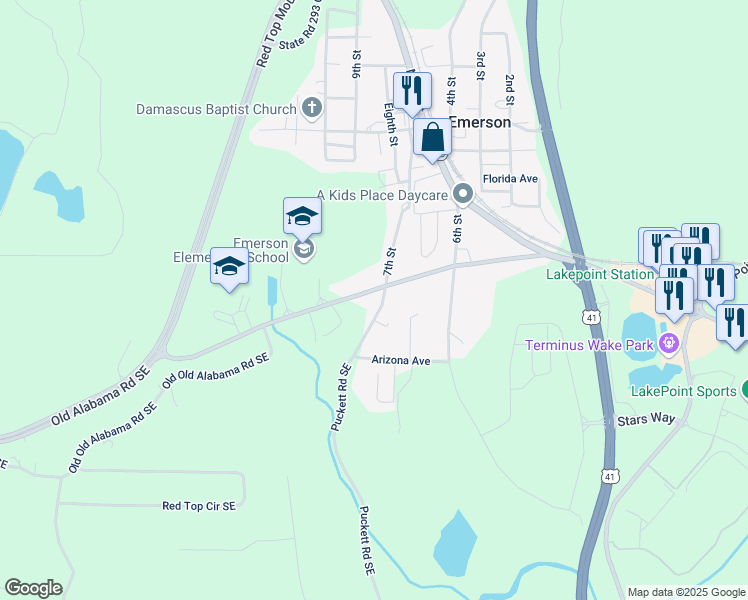 map of restaurants, bars, coffee shops, grocery stores, and more near 129 Old Alabama Road Southeast in Emerson