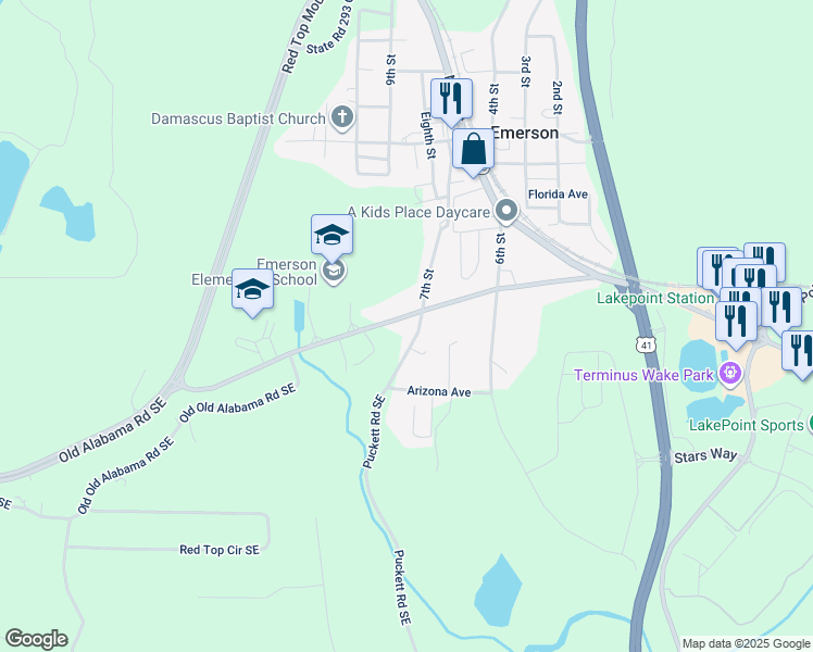 map of restaurants, bars, coffee shops, grocery stores, and more near 131 Old Alabama Road Southeast in Emerson