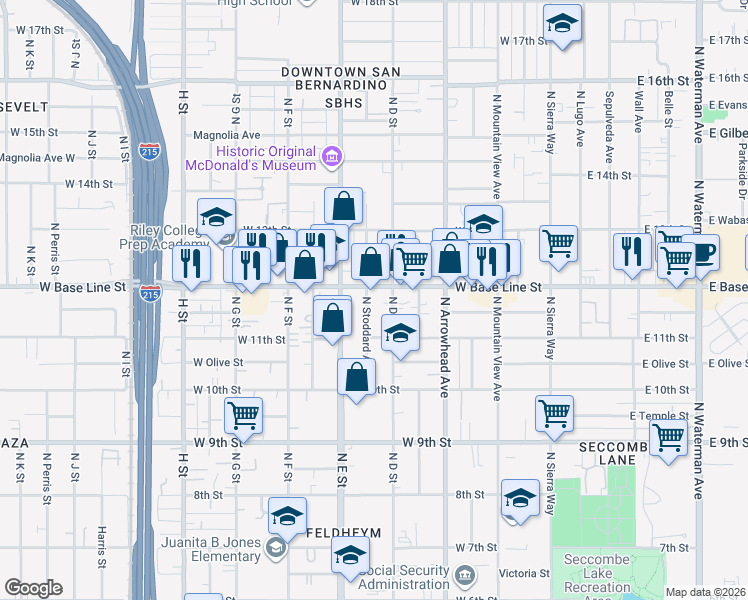 map of restaurants, bars, coffee shops, grocery stores, and more near 439 West Base Line Street in San Bernardino