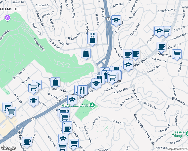 map of restaurants, bars, coffee shops, grocery stores, and more near 3936 Roderick Road in Los Angeles