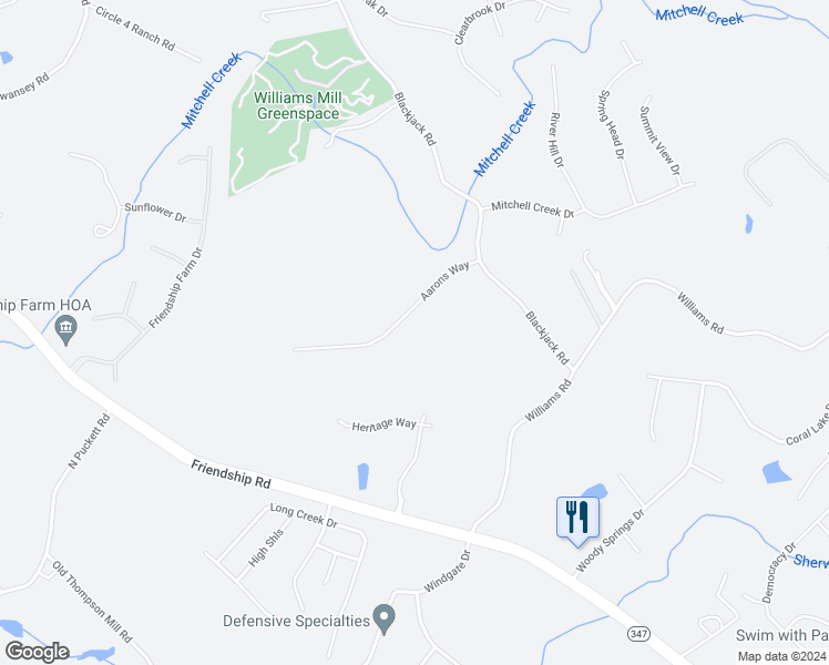 map of restaurants, bars, coffee shops, grocery stores, and more near 6353 Aarons Way in Flowery Branch