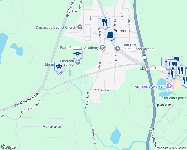 map of restaurants, bars, coffee shops, grocery stores, and more near 32 Puckett Road Southeast in Emerson